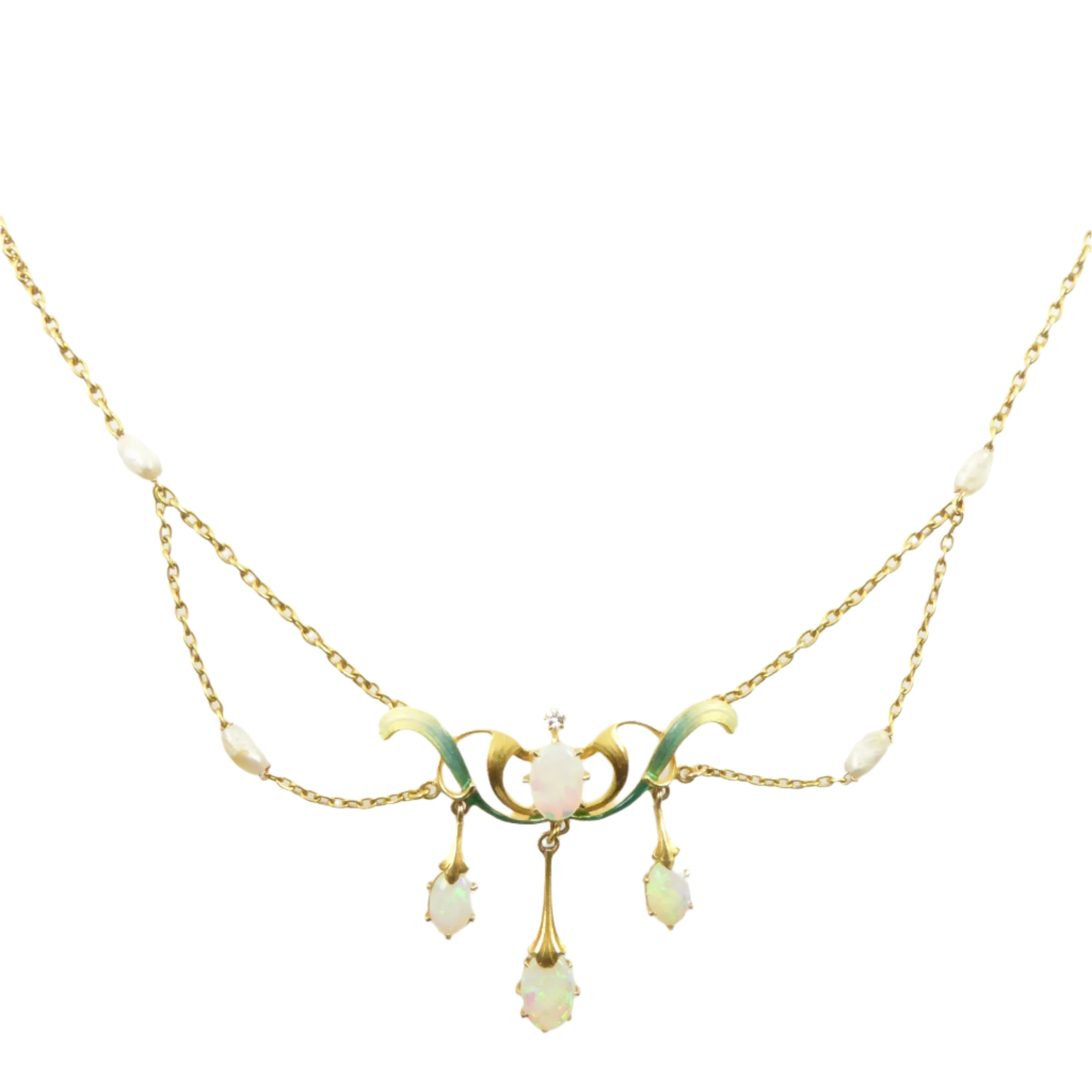 Art Nouveau Gold, Opal, Diamond, Pearl, and Enamel Festoon Necklace
