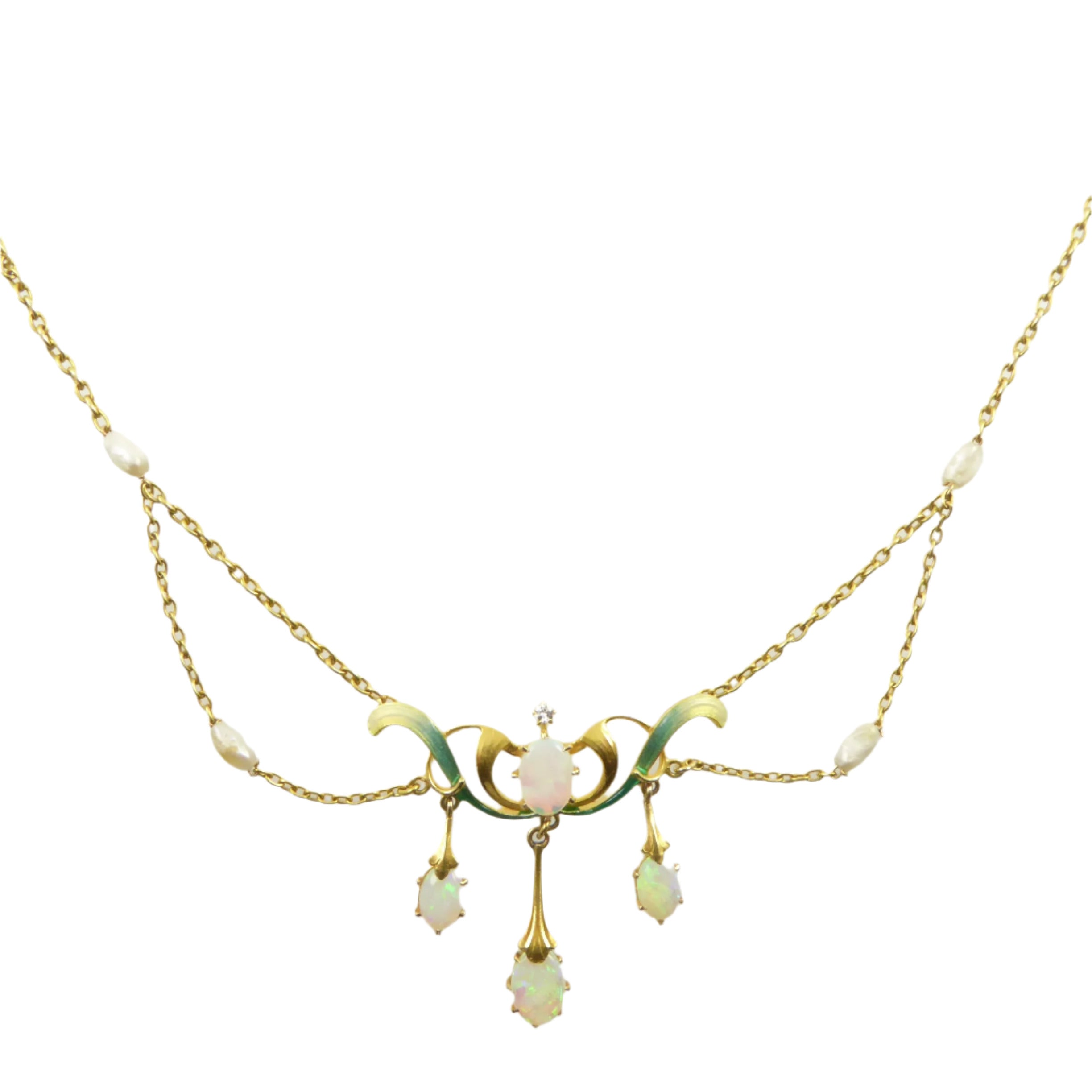 Art Nouveau Gold, Opal, Diamond, Pearl, and Enamel Festoon Necklace