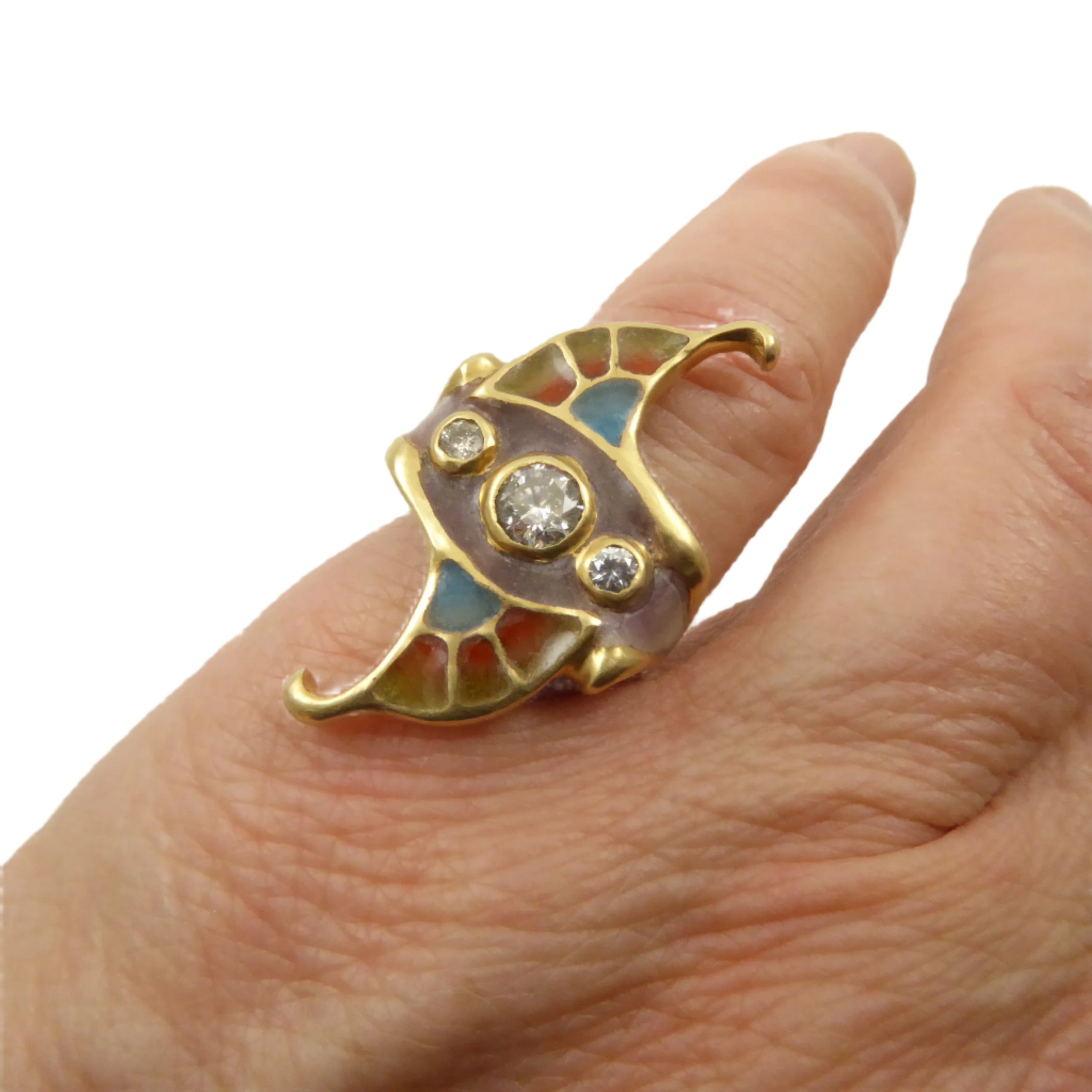 Art Nouveau Plique a Jour and Gold and Diamond Ring