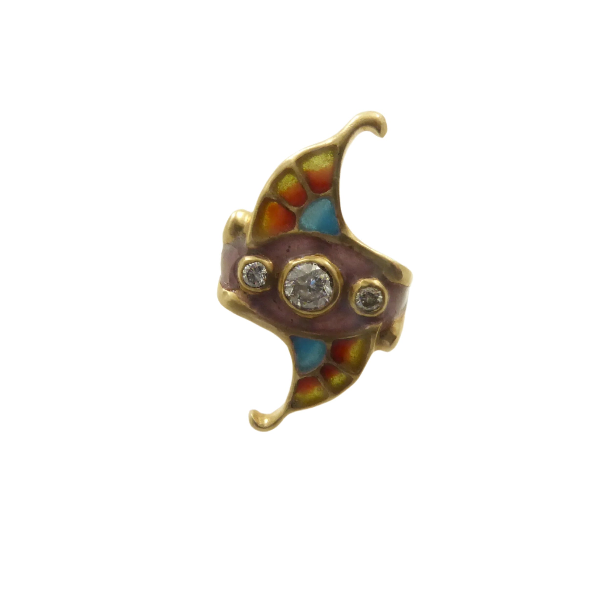 Art Nouveau Plique a Jour and Gold and Diamond Ring