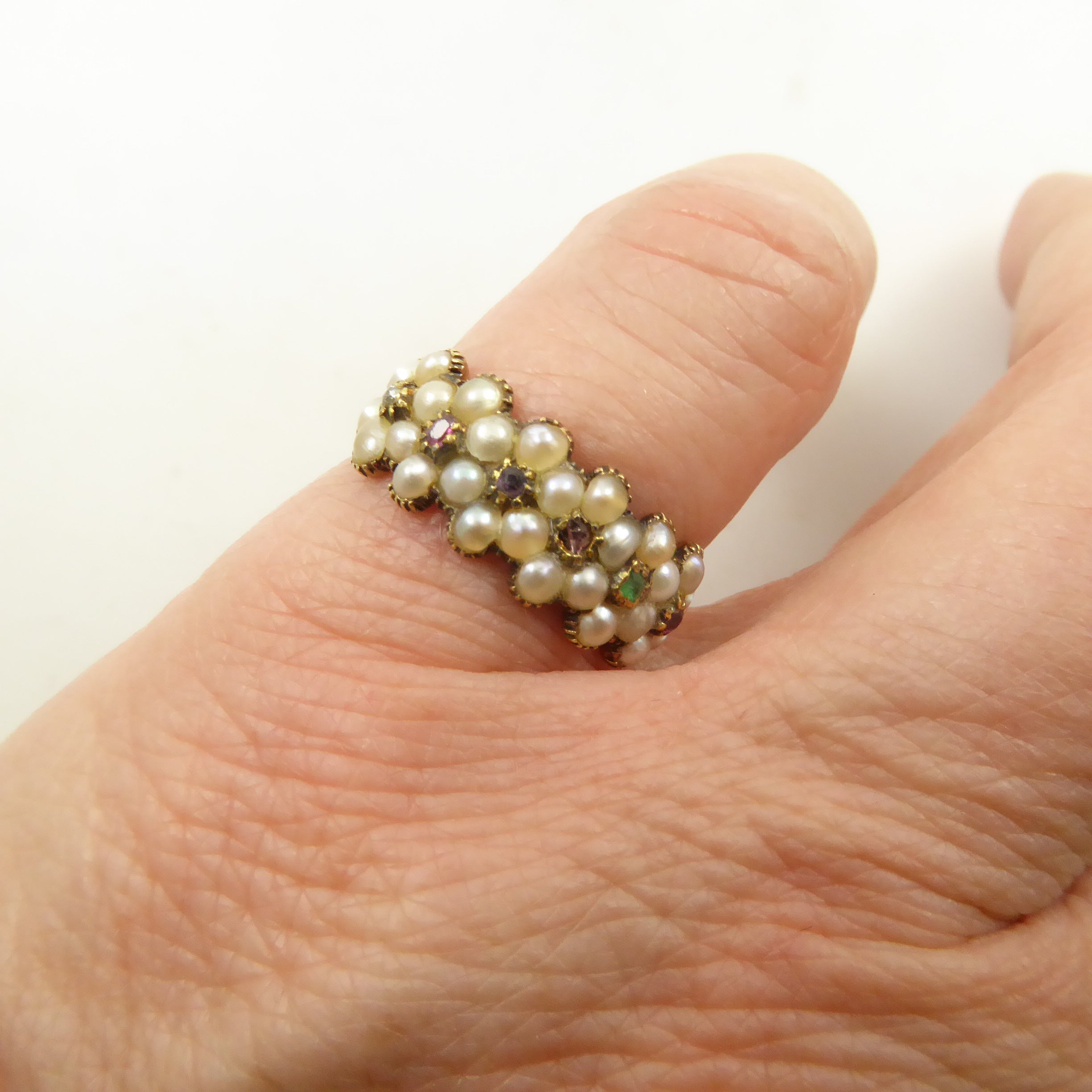 Antique Acrostic Regard Ring with Pearl Flowers