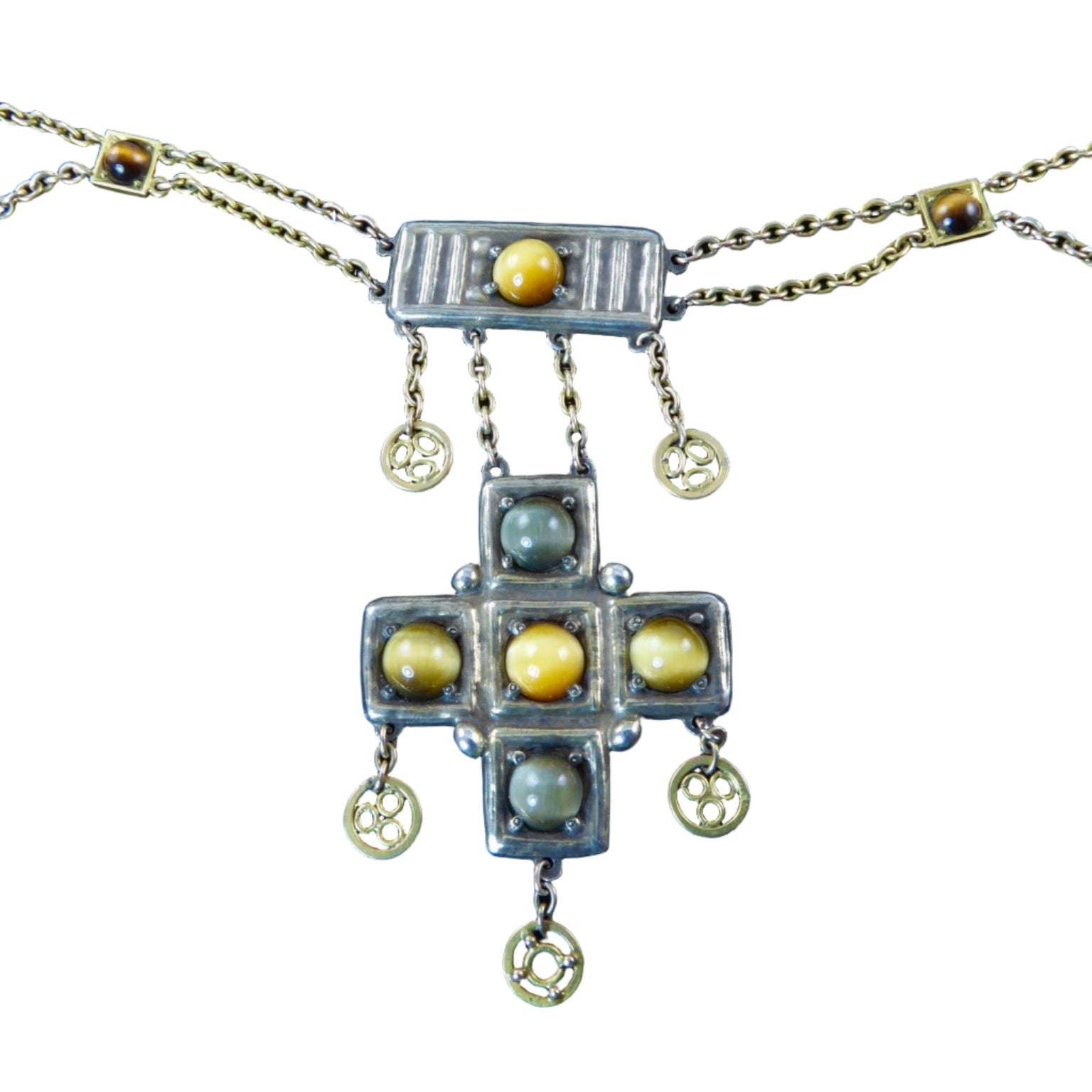 Arts and Crafts Necklace in Gold and Silver with Tiger's Eye and Cat's Eye
