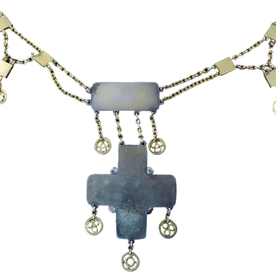 Arts and Crafts Necklace in Gold and Silver with Tiger's Eye and Cat's Eye Stones