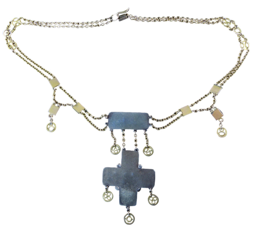 Arts and Crafts Necklace in Gold and Silver with Tiger's Eye and Cat's Eye Stones