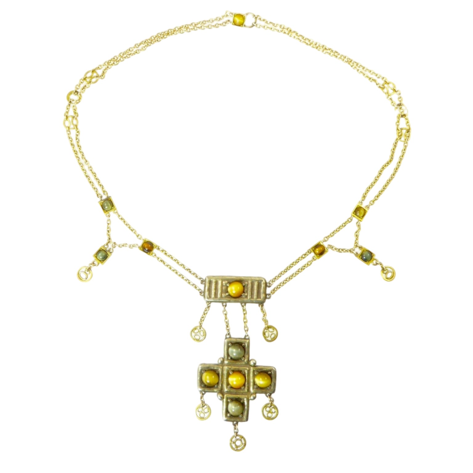 Arts and Crafts Necklace in Gold and Silver with Tiger's Eye and Cat's Eye