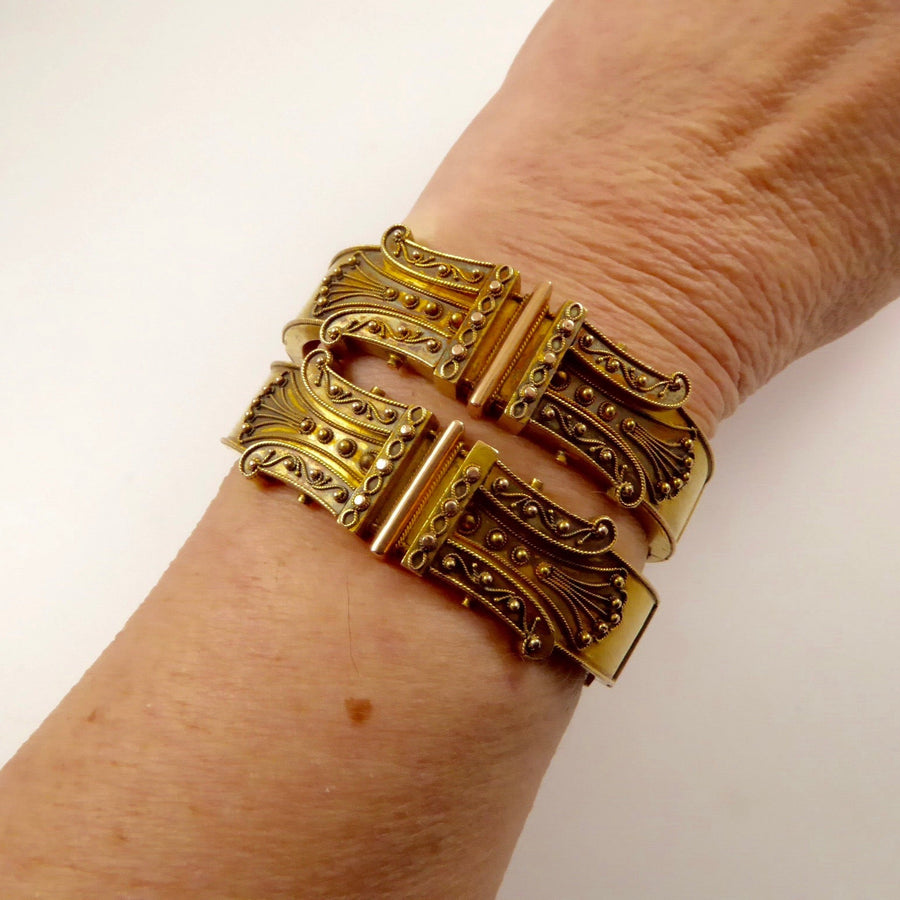 Pair of 14 Karat Gold Archaeological Revival Bracelets