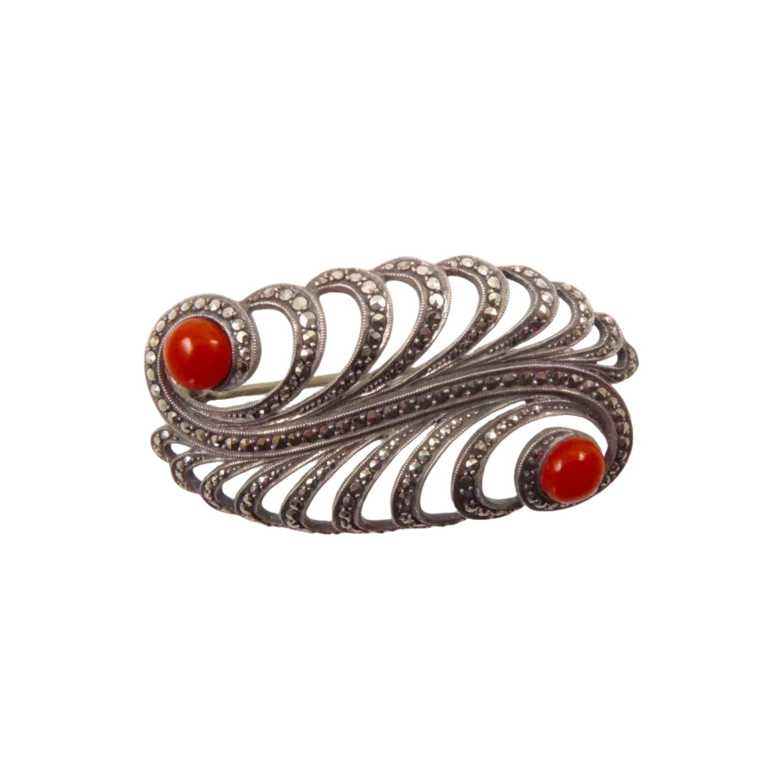 Fahrner Coral and Marcasite Brooch