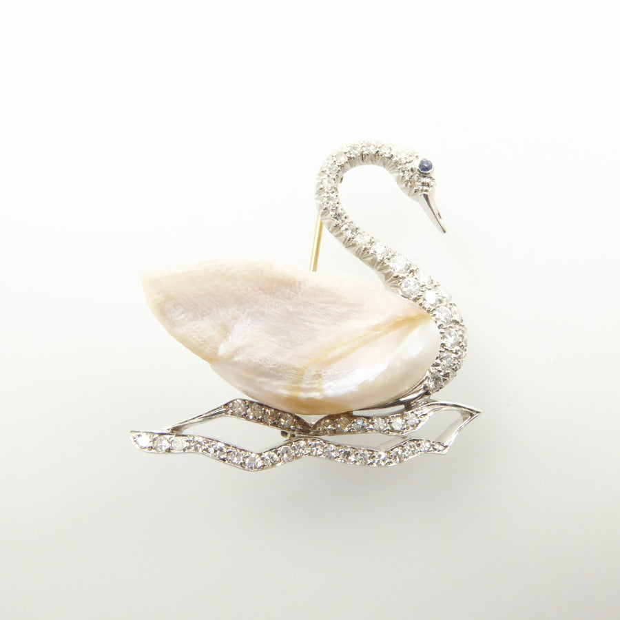 Gold diamond pearl swan brooch