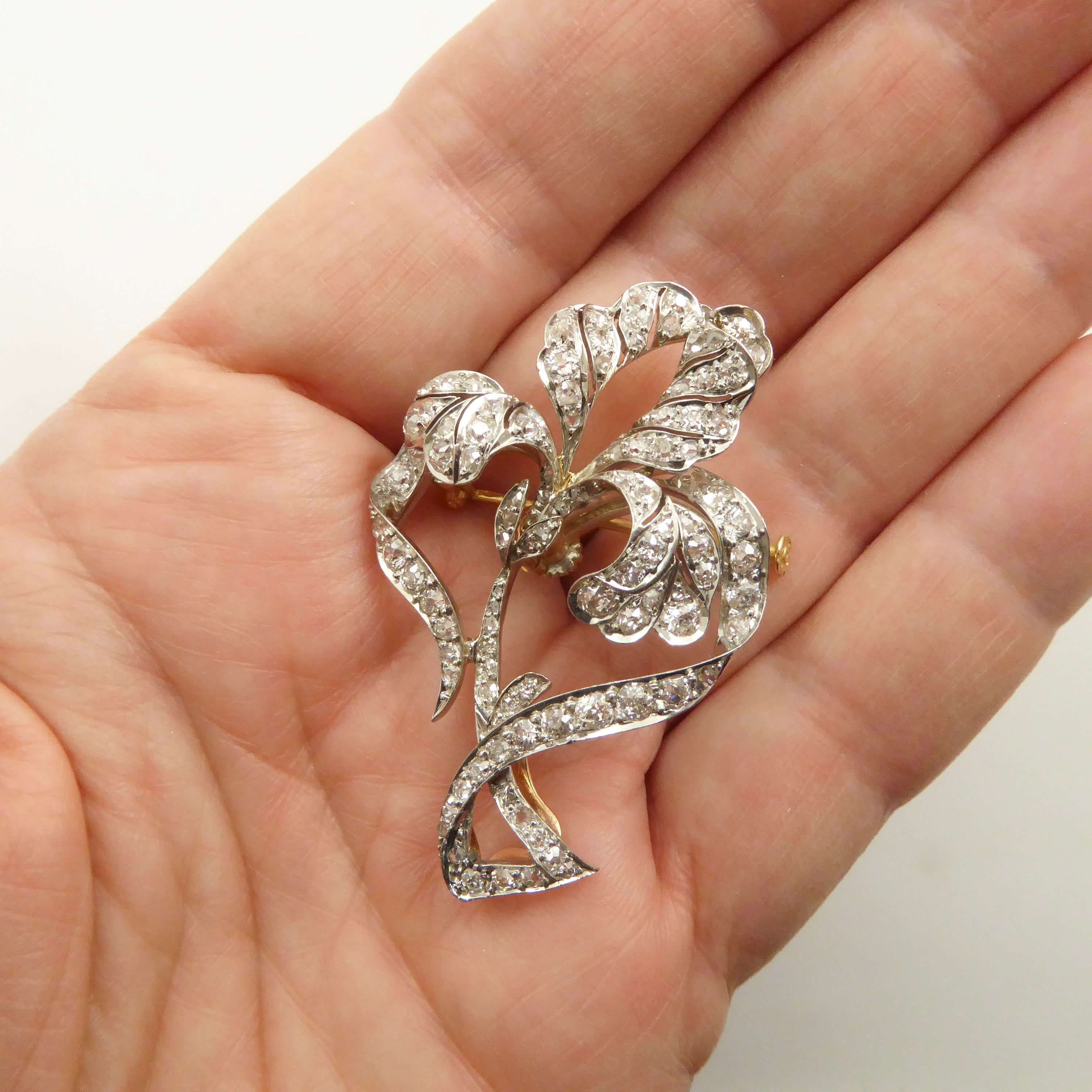 Antique French Diamond, Gold, and Platinum Brooch of an Iris
