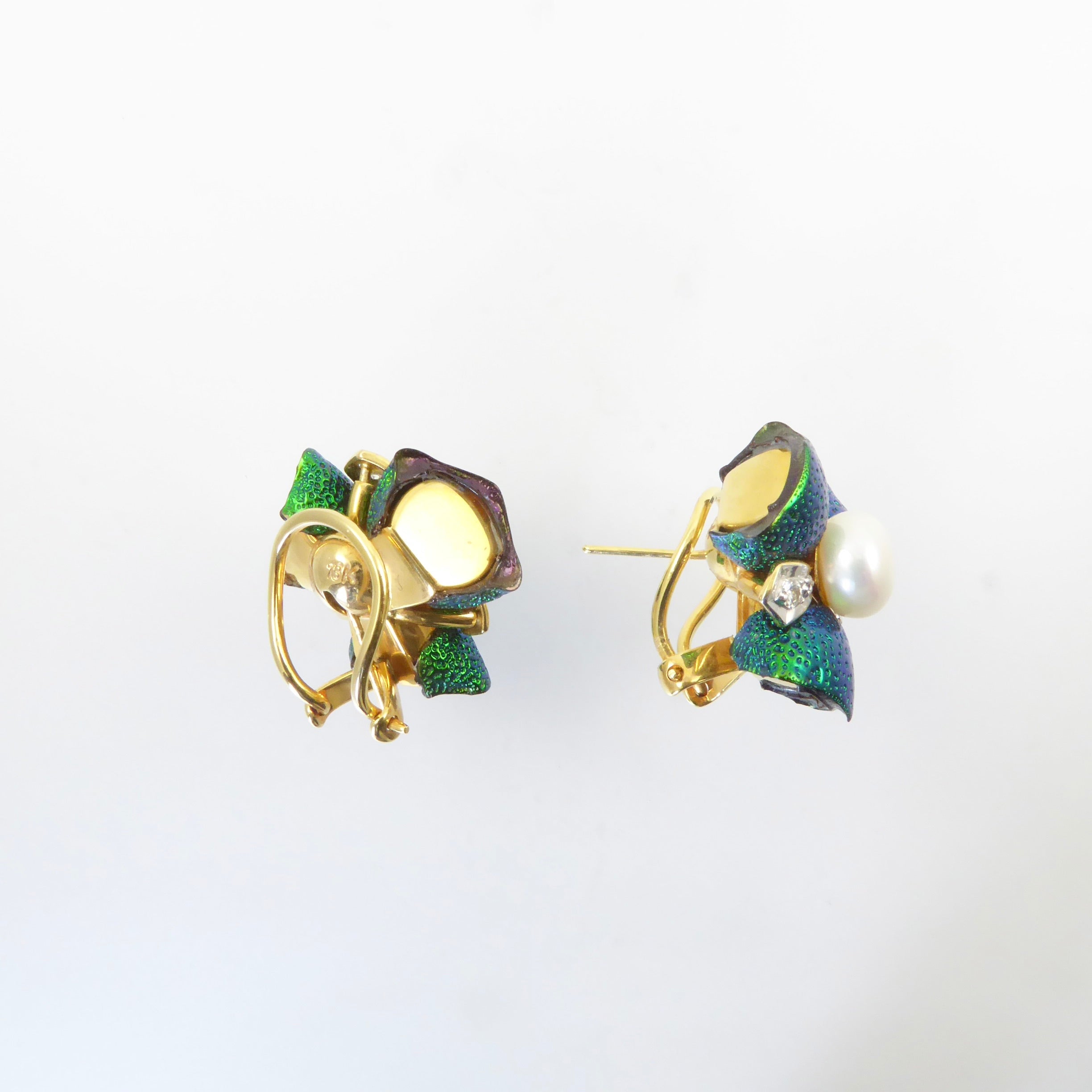 Lotus Arts de Vivre Beetle Wing, Gold, Diamond, and Pearl Earrings