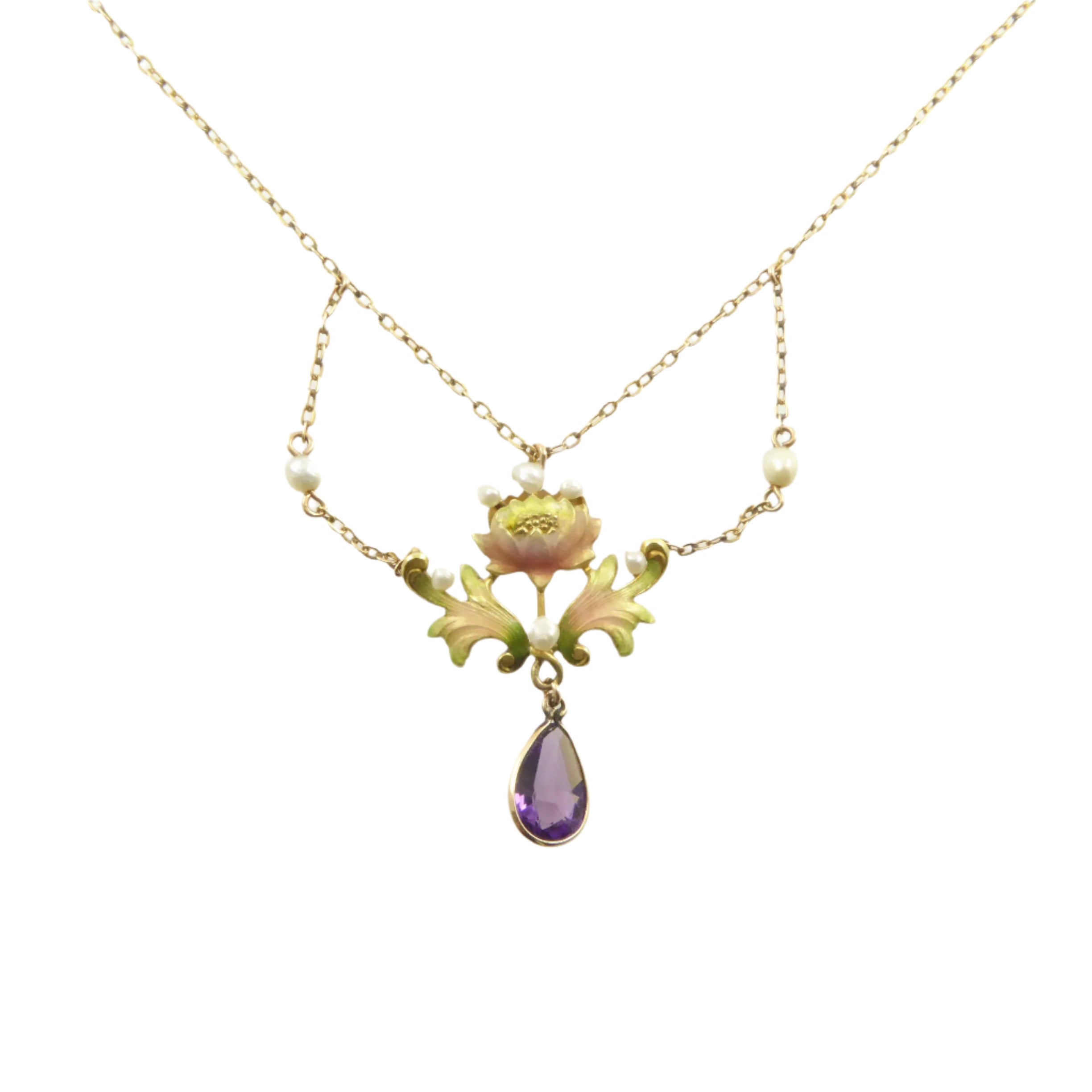 Art Nouveau Gold, Enamel, Pearl, and Amethyst Necklace