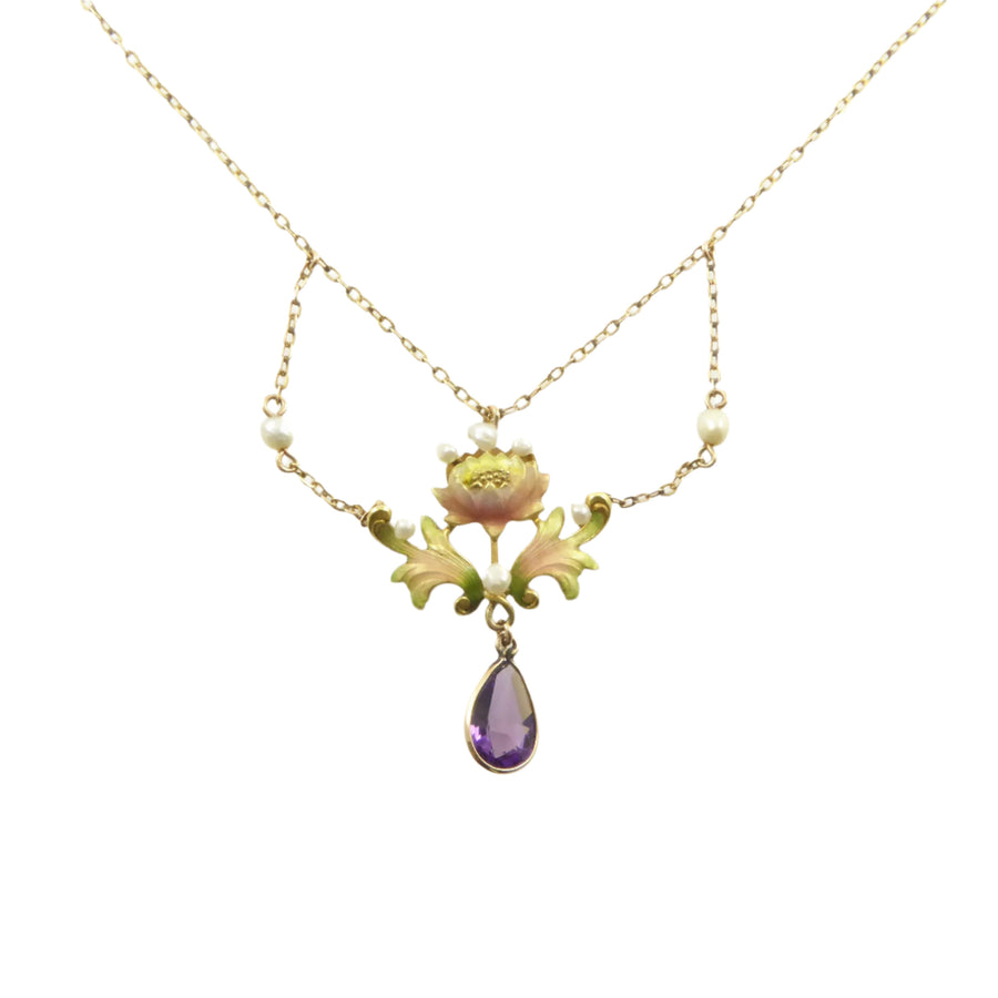 Art Nouveau Gold, Enamel, Pearl, and Amethyst Necklace