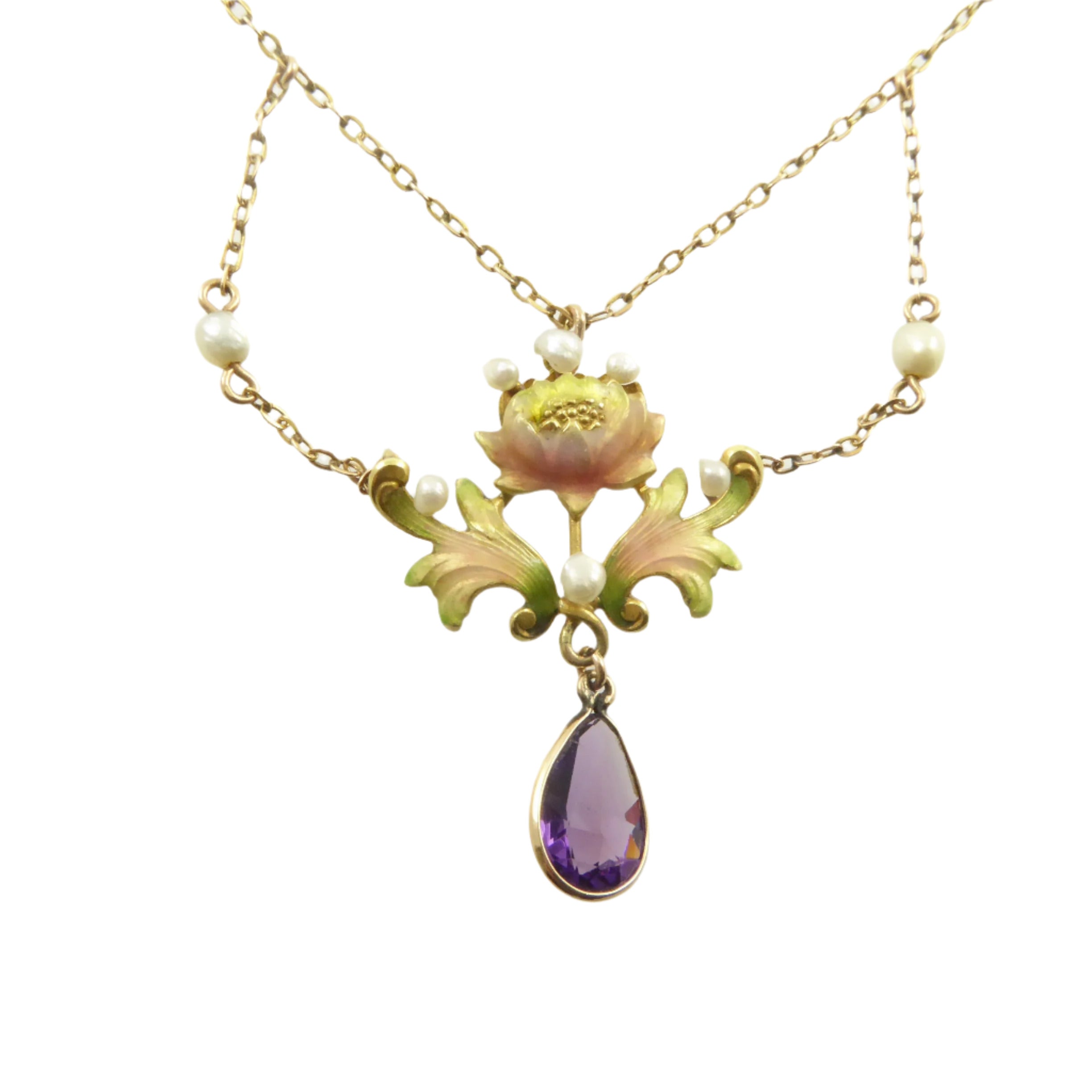 Art Nouveau Gold, Enamel, Pearl, and Amethyst Necklace
