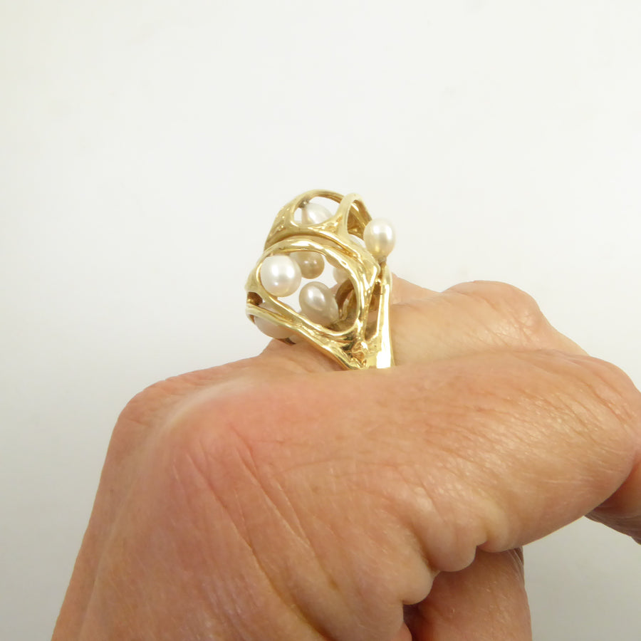 Sculptural Gold and Pearl Ring by J. Arnold Frew