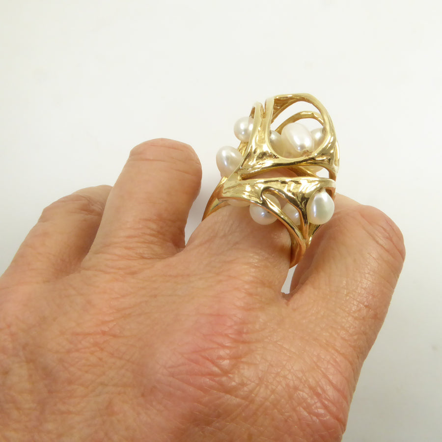 Sculptural Gold and Pearl Ring by J. Arnold Frew