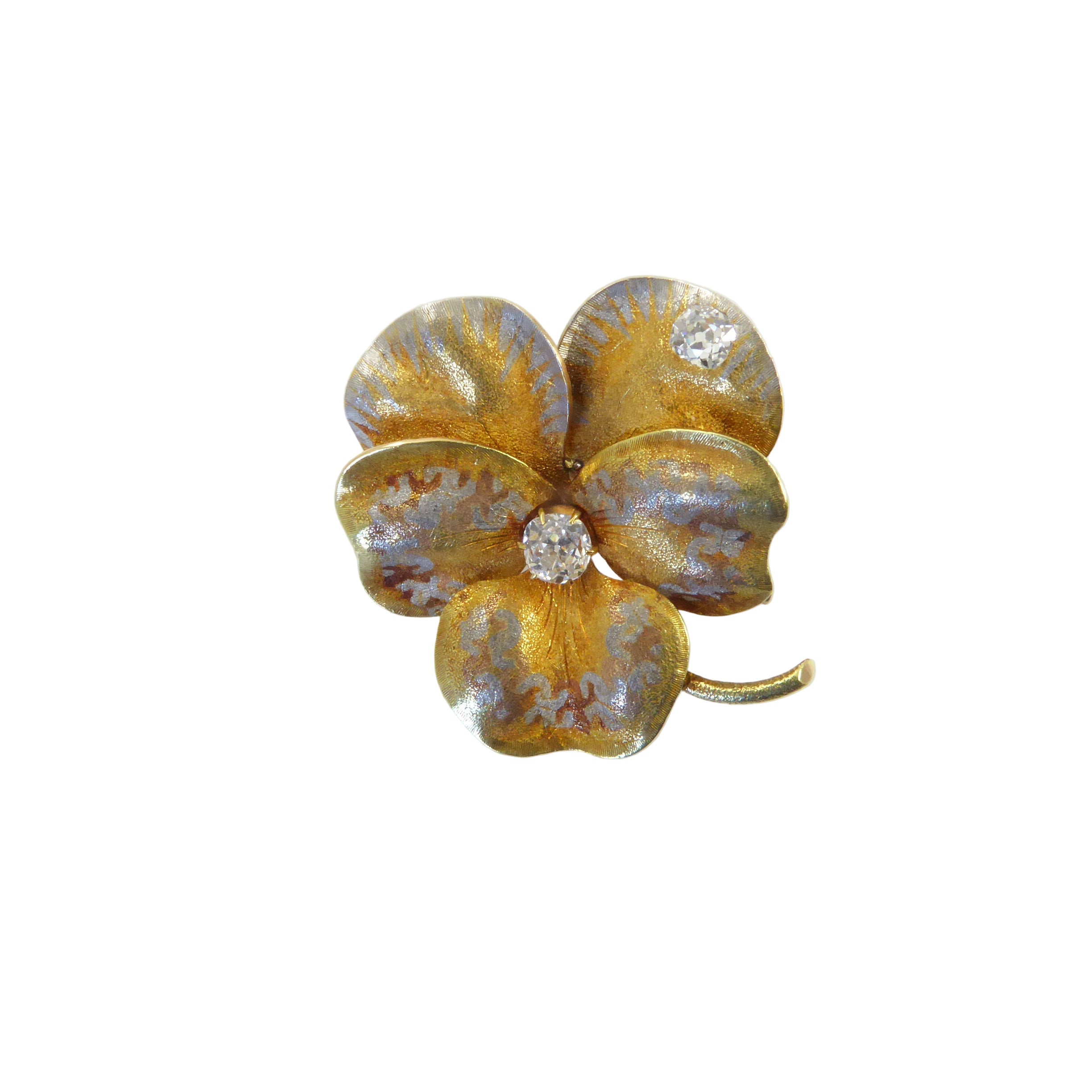 A.J. Hedges Gold Pansy Brooch with Diamonds