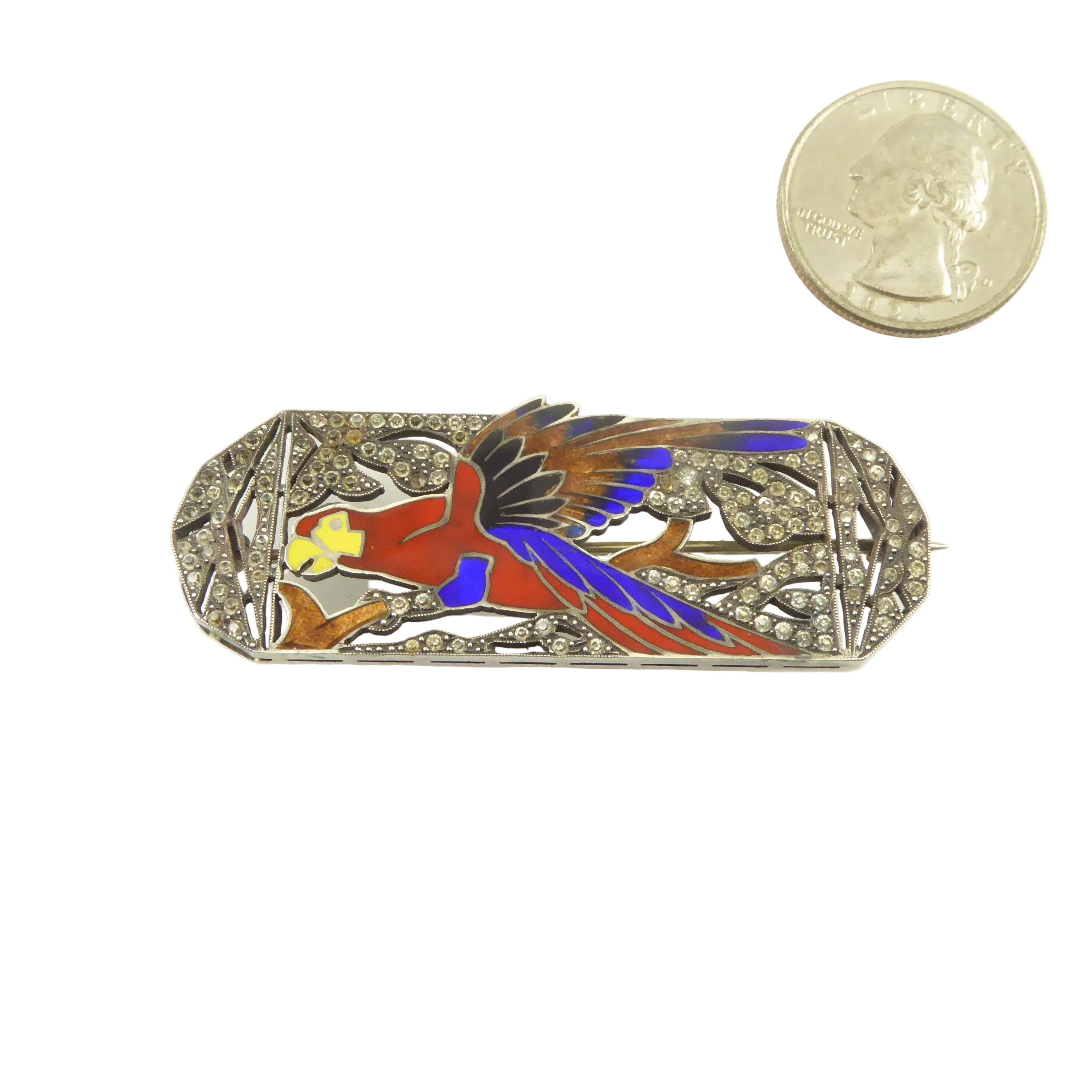 French Art Deco Sterling, Paste, and Enamel Parrot Brooch